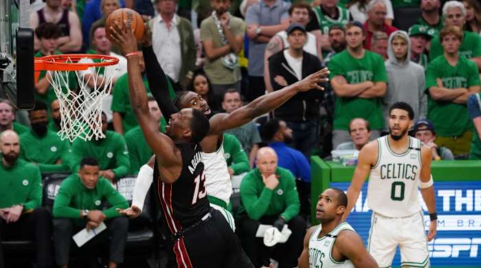 Bam Adebayo playing for the Heat in Game 3 vs. the Celtics.